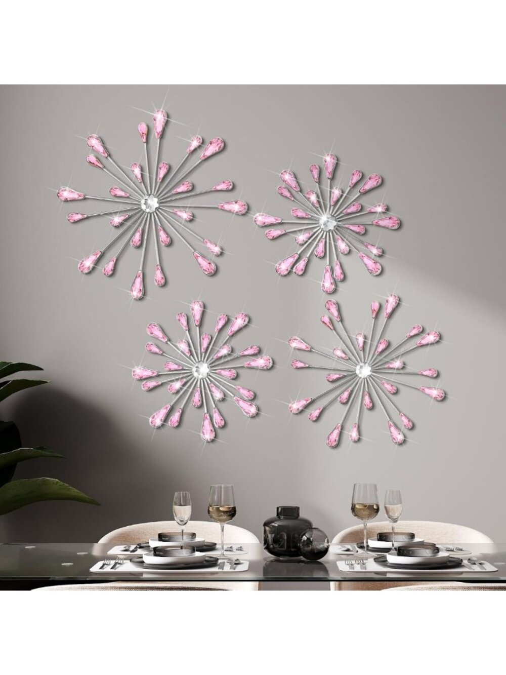 Set of 4 Starburst Wall Decor - Bling Metal Art for Chic Home Decor, Pink